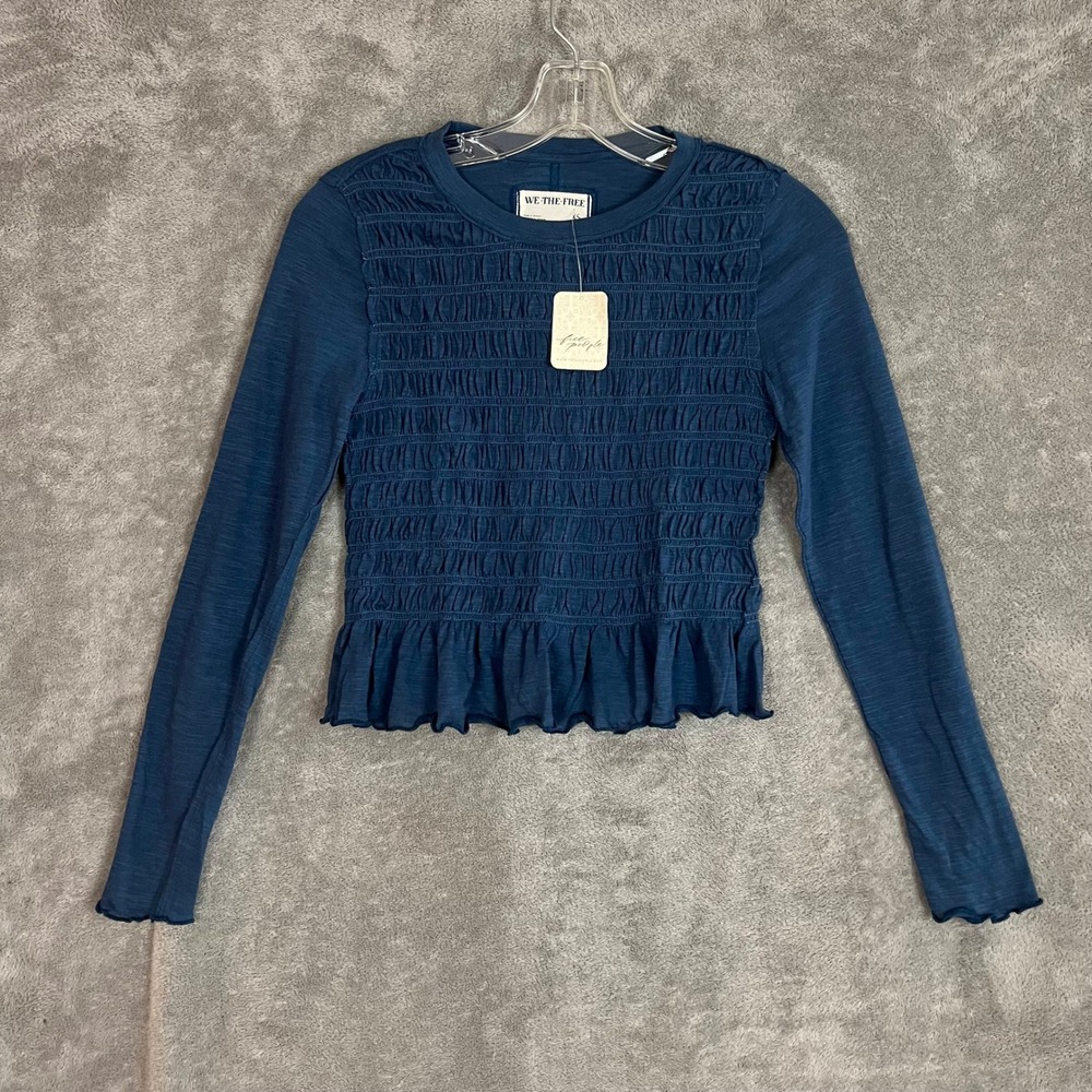 Free People Sylvie Long Sleeve Smocked Top Womens XS Blue Boho Reinassance NWT